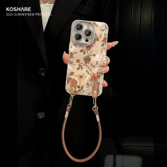 适用苹果16复古手机壳iphone14玫瑰山茶花公仔15带挂绳13冰川纹12