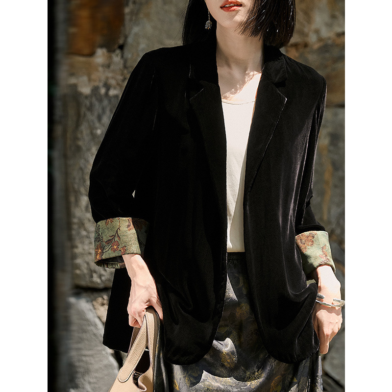 National Style Silk Velvet Blazer for Women, High-End 100% Mulberry Silk Long-Sleeve Suit Jacket, Artistic Retro