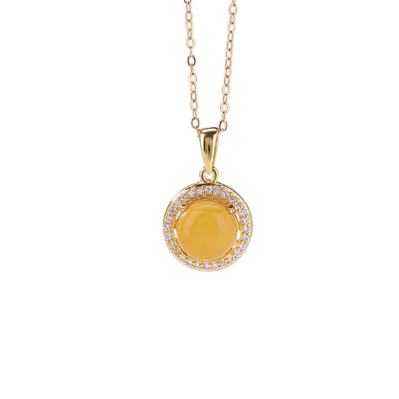 Mặt dây chuyền bạc S925 mạ vàng sáp ong viền zircon hình tròn phong cách hoang dã — Bạc (mặt dây chuyền đơn)