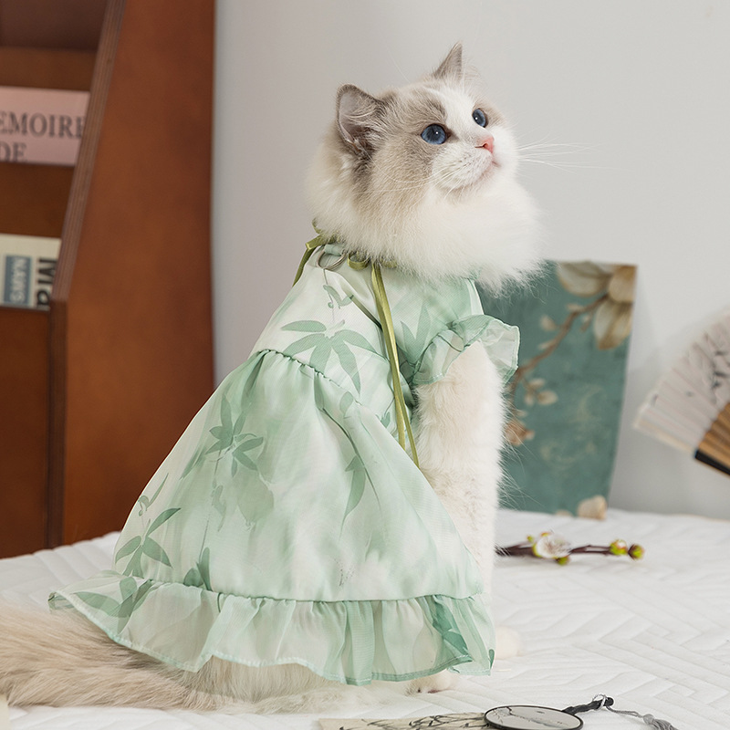 Gato primavera y verano estilo chino tinta Danqing vestido chino falda china gatito retro hoja de bambú ropa de gato mascota