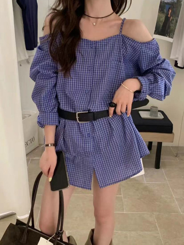 韩系设计感格子露肩衬衫女2025春季新款宽松显瘦百搭小个子上衣潮|undefined