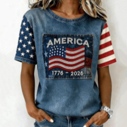 2026 Cross-Border Foreign Trade Amazon Independent Site Summer New Style American Flag Letter Print Round Neck Short-Sleeved Top 2026 Cross-Border Foreign Trade Amazon Independent Site Summer New Style American Flag Letter Print Round Neck Short-Sleeved Top