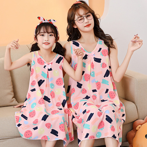 Children's and Parent's Pajama Set with Cotton Satin Home Dress Print T-shirt Style Slipping Pajama for Toddlers
