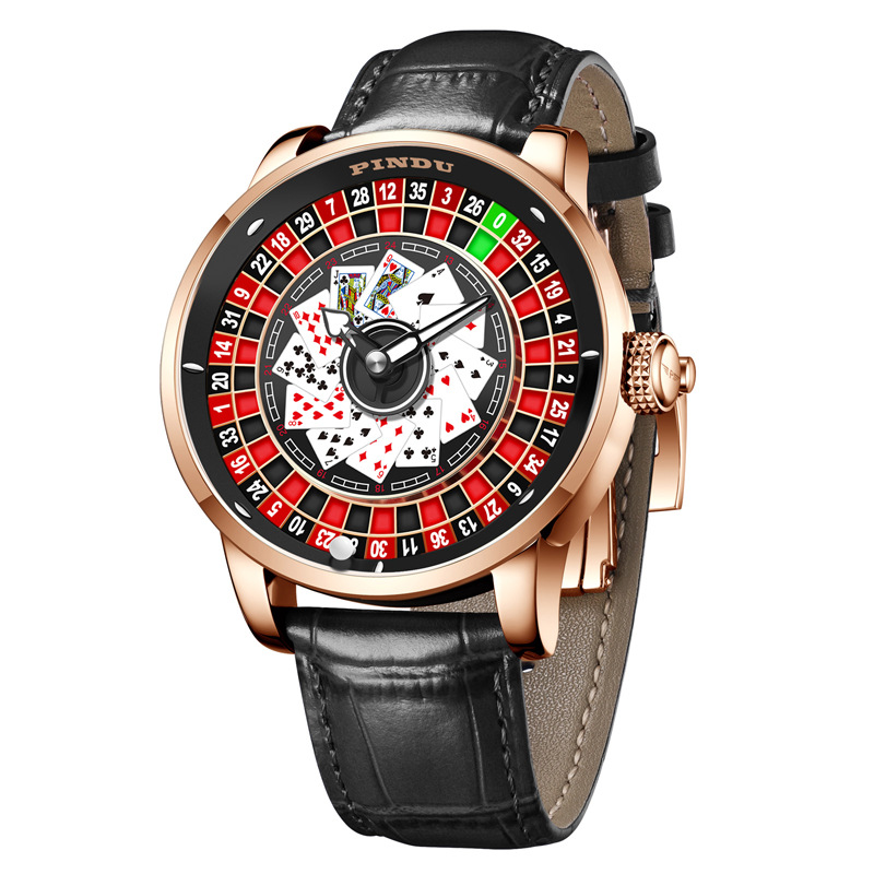 Đồng hồ nam automatic lộ máy mặt số trò chơi roulette — Thẻ đỏ da đen, Hồng nhãn đỏ da xanh, Hồng đỏ thẻ xanh da, Hồng da đỏ vành đai lưới