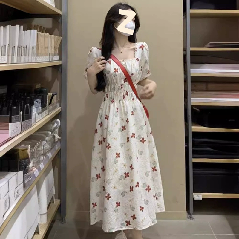 Летнее новое премиум-чувство французское платье с квадратным вырезом с цветочным вырезом женское платье большой размер толстый мм талия тонкая юбка
