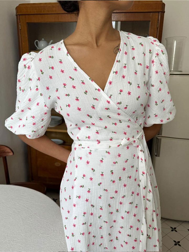 Đầm liền cotton in hoa cổ chữ V tay bồng buộc dây lưng cao — Hoa oải hương, Hoa tulip màu hồng, Màu be, Màu hồng chi tiết 128