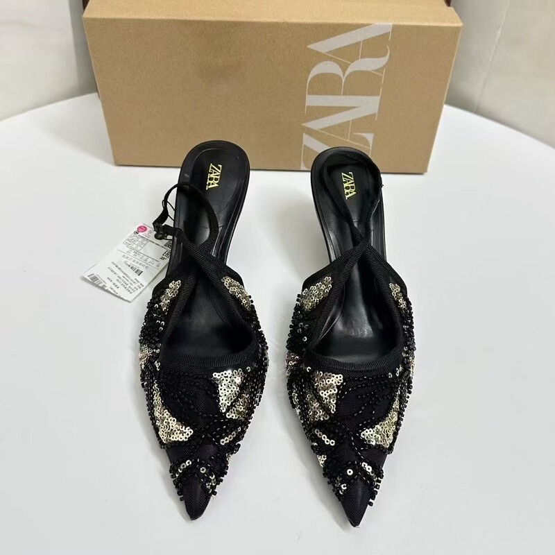 Za New Summer Women's Shoes Black Sequined Beaded Back Strap Elegant Stiletto Heels Pointed Toe Toe Sandals