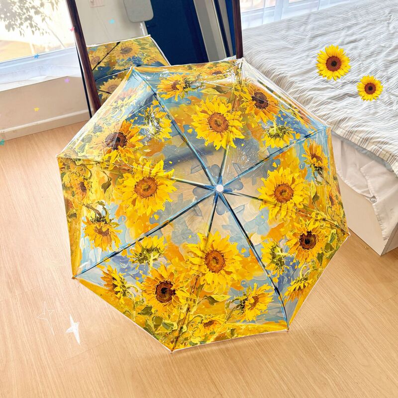 Artistic Oil Painting Sunflower Transparent Umbrella, High Visibility, Fresh and Cute, Fully Automatic, Portable, Foldable for Adults and Students Artistic Oil Painting Sunflower Transparent Umbrella, High Visibility, Fresh and Cute, Fully Automatic, Portable, Foldable for Adults and Students