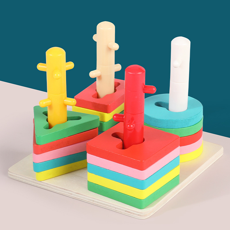 Wooden four-set column geometric shape matching suit building blocks dinosaur five-set column baby early education educational toys Wooden four-set column geometric shape matching suit building blocks dinosaur five-set column baby early education educational toys