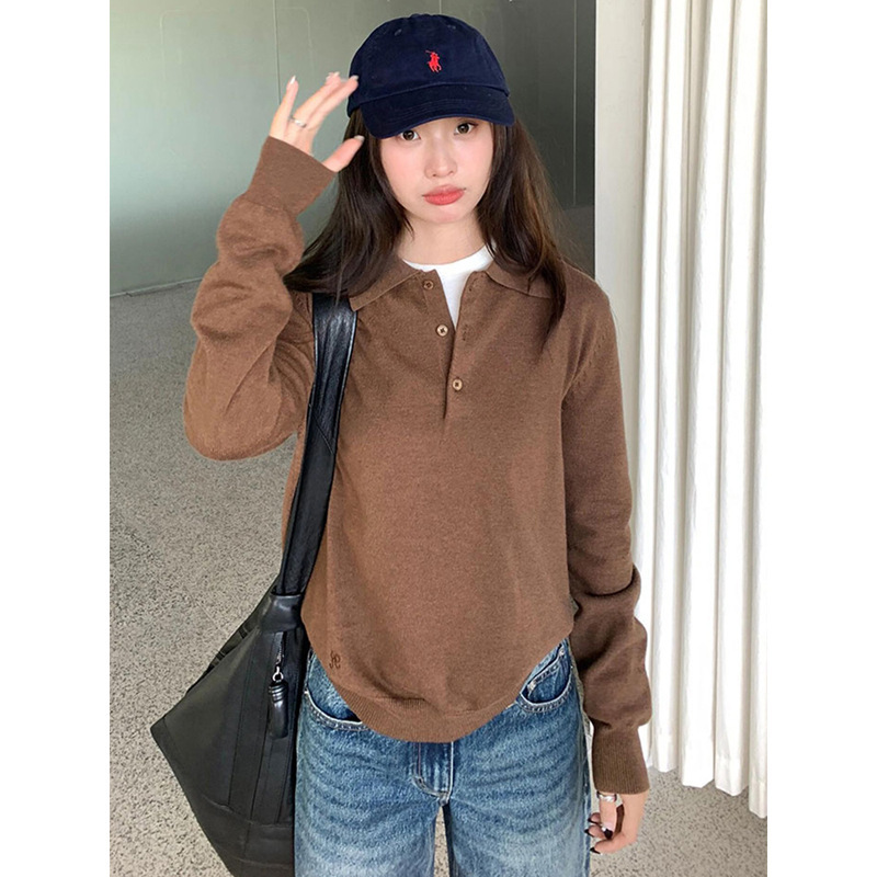 2025新款韩系Polo领针织衫女2025春秋慵懒风百搭宽松翻领长袖上衣|undefined