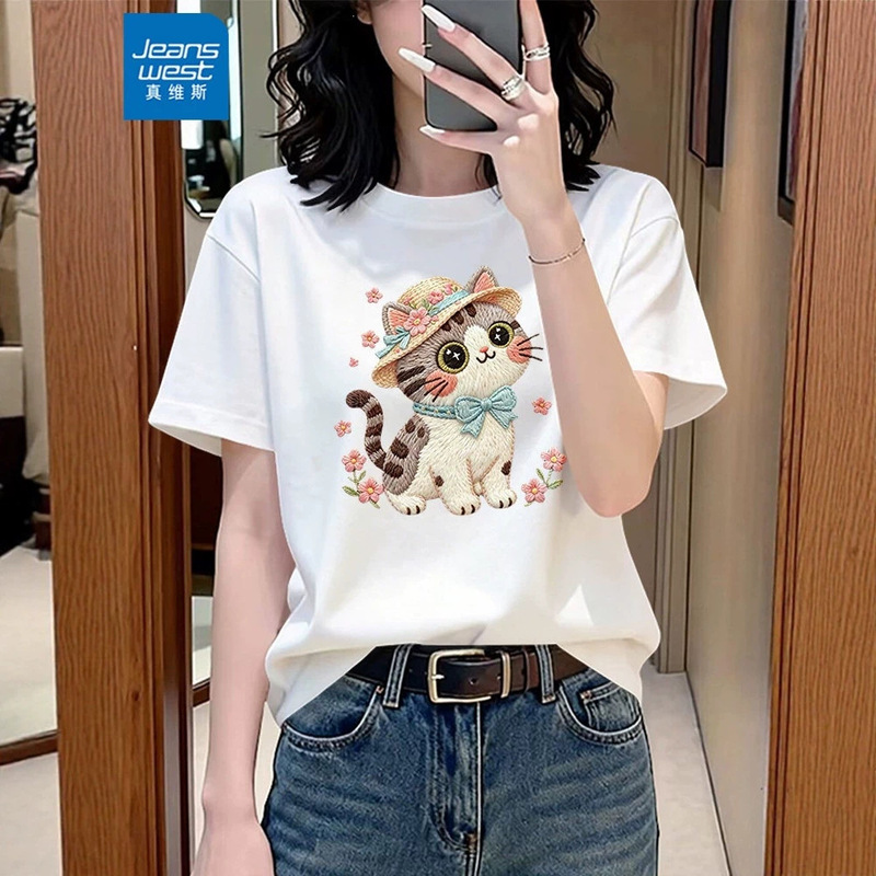 Jeanswest White Pure Cotton Short-Sleeved T-Shirt Women's Summer 2026 New Loose Fit Petite Printed T-Shirt Top X Jeanswest White Pure Cotton Short-Sleeved T-Shirt Women's Summer 2026 New Loose Fit Petite Printed T-Shirt Top X