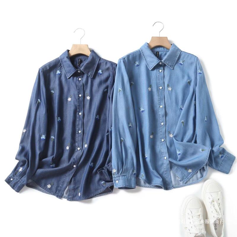 Cross-Border Supply Wholesale European and American Style Autumn Women's Clothing European and American Full-Body Embroidered Long-Sleeved Denim Shirt 2360