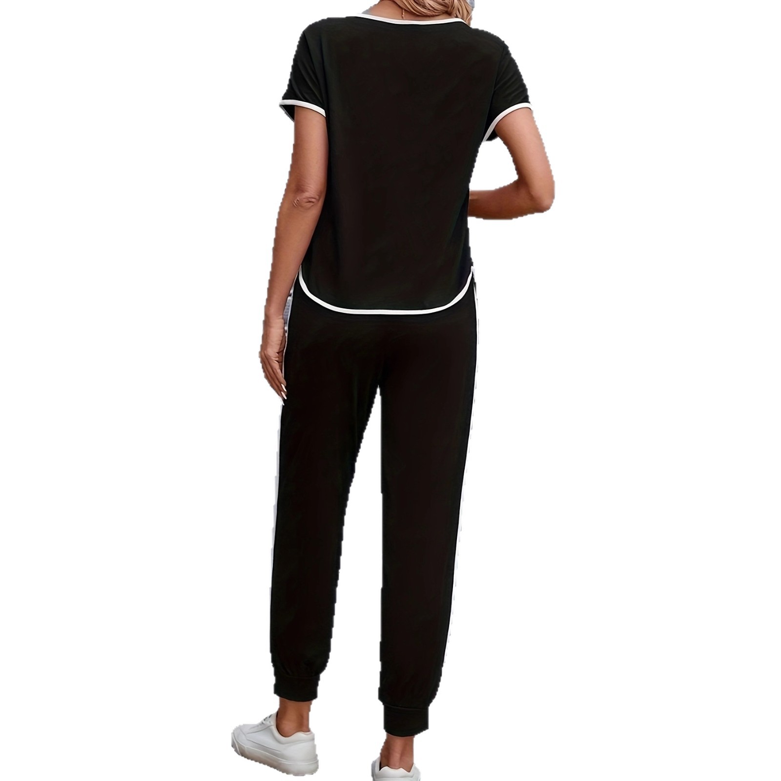 Women's Clothing Color Block Trim Casual Suit Spring Summer Autumn American Style Simple Loose Fit Short Sleeved Set_ecoleips.com