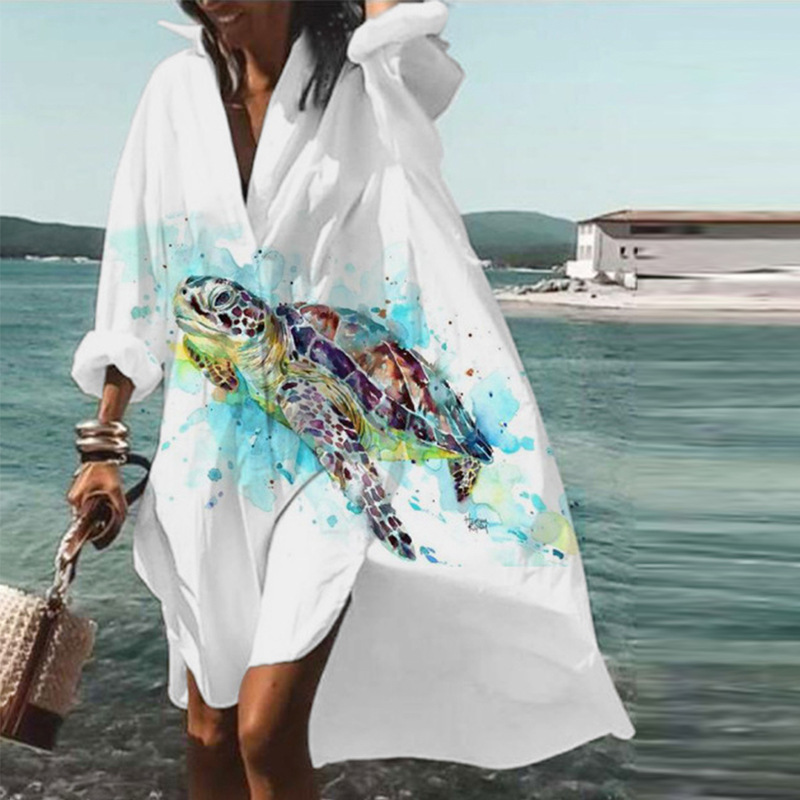 Vestido bohemio estampado para mujer, manga larga, corte holgado