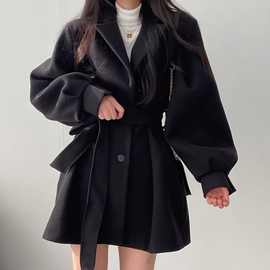 韩版2023秋冬新款复古妮子大风衣收腰宽松小个子毛呢外套女装