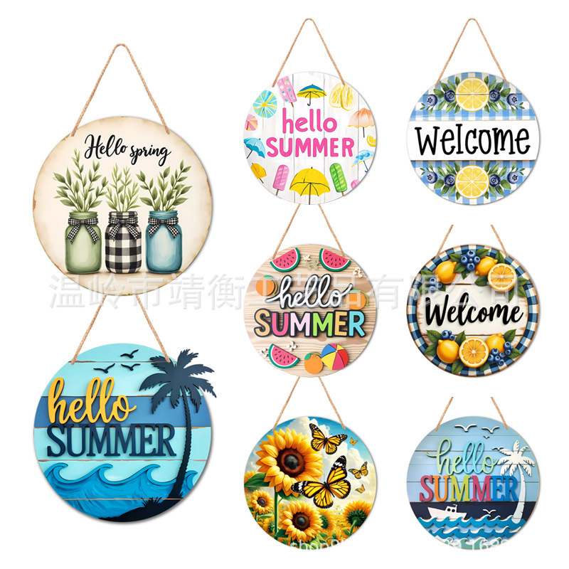 Cross-Border Hot-Selling Spring Creative Round Hanging Board Home Wooden Front Door Hanging Sign Farmhouse Wall Decoration Wooden Board Painting