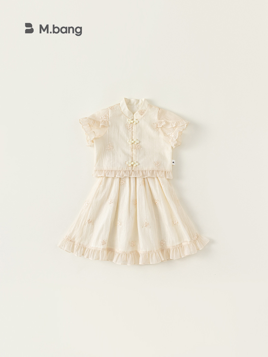 Bangchoan ropa infantil set de estilo nacional de verano, camiseta de hebilla, media falda, niñas dos sets de ropa de estilo antiguo para niños