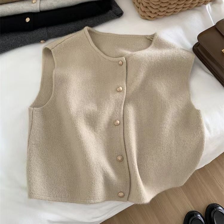 Suave línea de una sola fila de botones de oro de cuello redondo chaleco de punto Cardigan chaleco de hombro de mujer coreana sin mangas chaleco de camisa