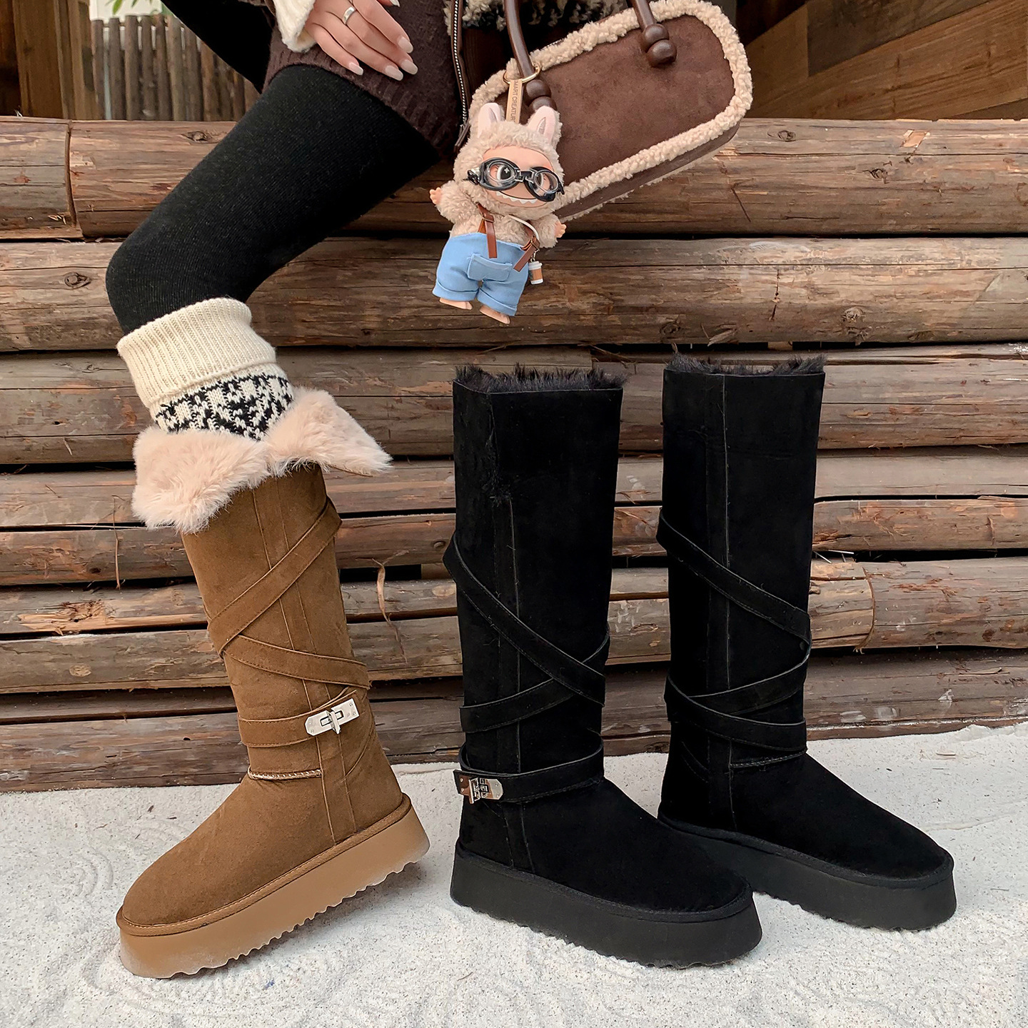 zijin家~暖宝靴~交叉带可翻边厚底雪地靴女2025冬新款加绒保暖靴~