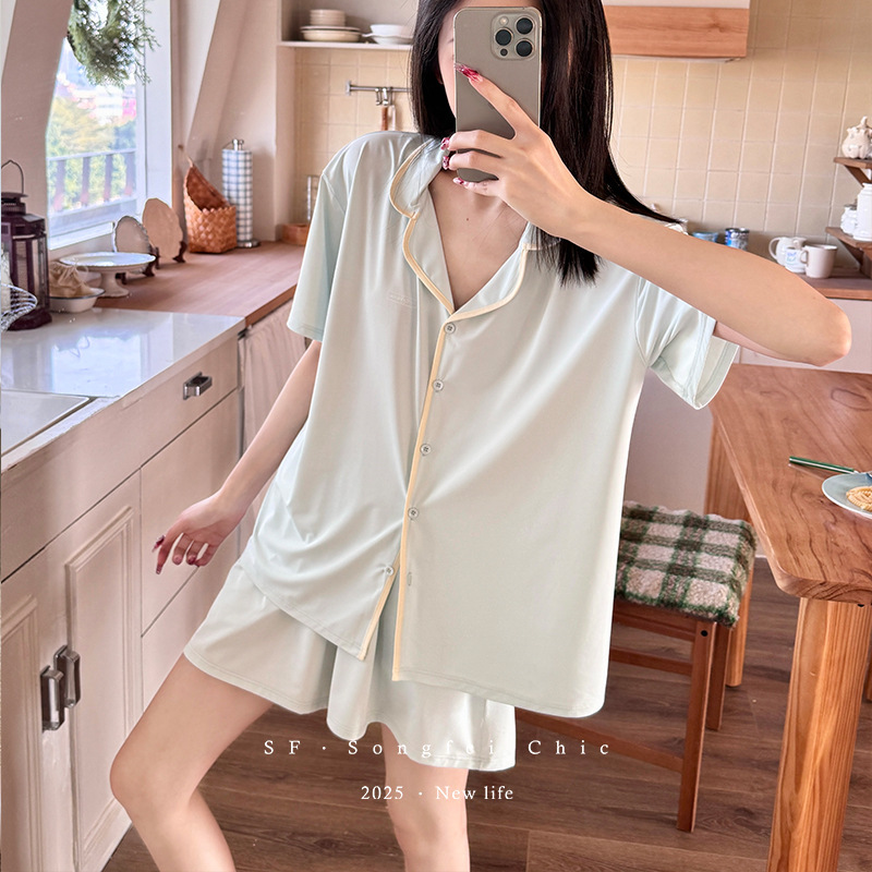 Summer New Contrast Cardigan Ice Skin Pajamas suit Loose Short-sleeved Shorts Thin Home Clothes Two-piece Set for Women