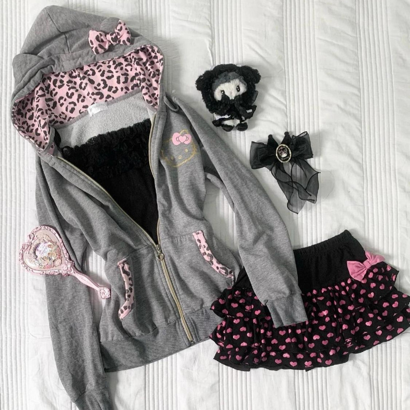 Japanese Retro Spicy Girl Style Hooded Jacket, Gray and Pink Leopard Print Patchwork Hello Kitty Print Fleece Sweatshirt