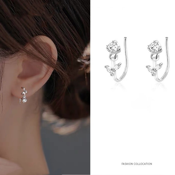 s999纯银郁金香花朵耳环创意个性甜酷风花朵耳钩小众耳饰厂家批发