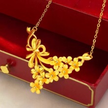 新中式仿金结婚五金拉丝蝴蝶生花项链女新娘订婚五金首饰仿真套装