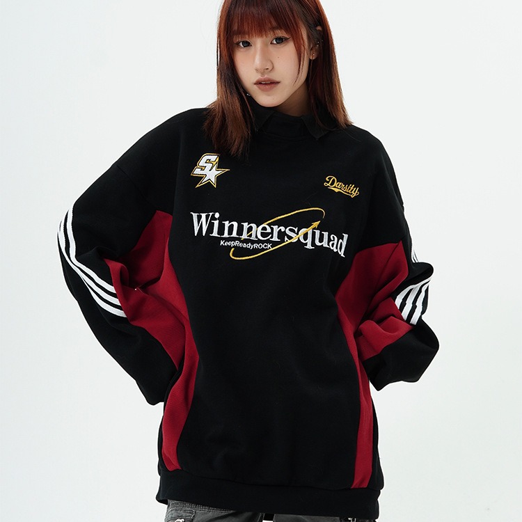 美式复古vintage卫衣男女潮牌宽松拼接polo校园风运动上衣ins条纹