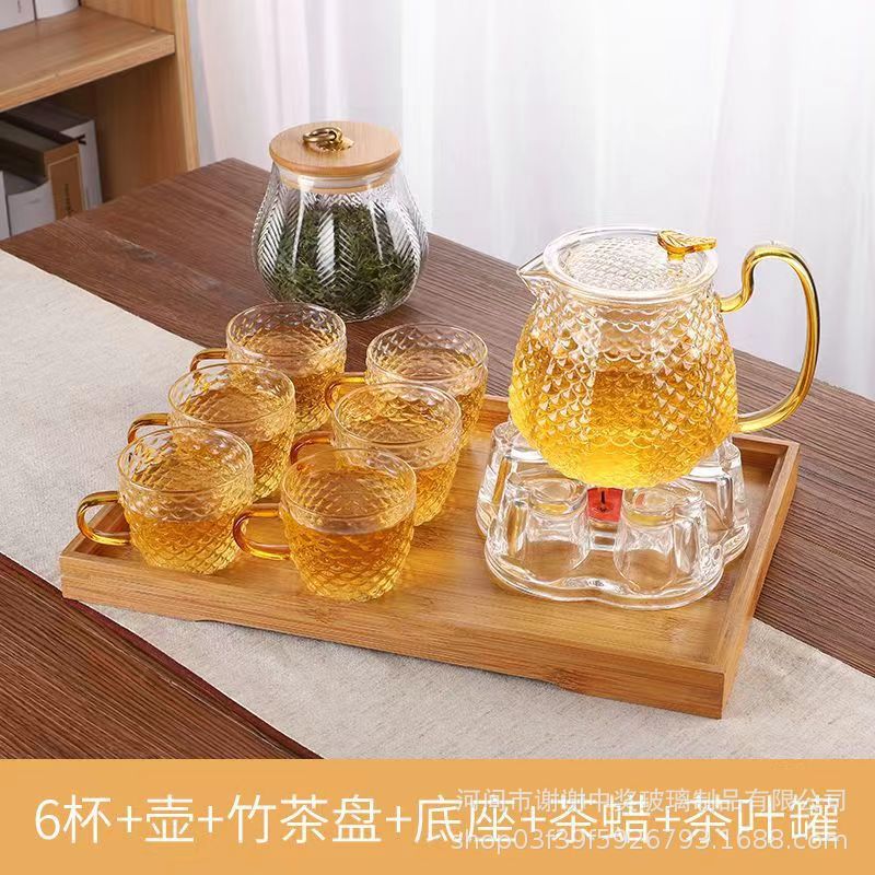 1 포트 6 컵 + 대나무 접시 + 베이스 + 티 왁스 + 티 포트