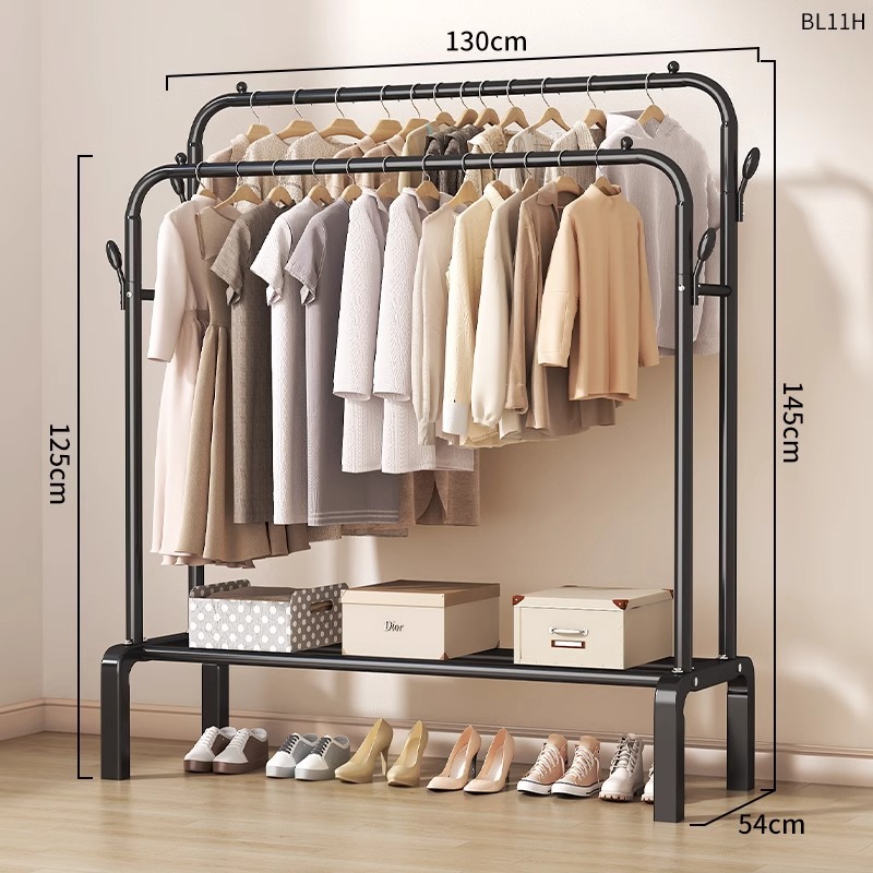 130cm 검정색 [이중봉 + 단층수납 + 옷걸이] 두꺼운 파이프 직경