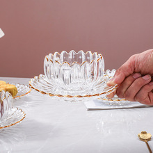 1V0H批发水晶玻璃碗家用小果盘套装餐具轻奢金边透明水果点心甜品