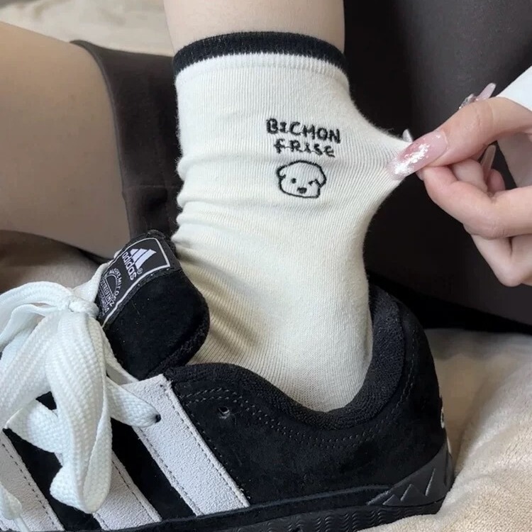 Loulor cure cute dog striped embroidered mid-calf socks ins pile socks pure cotton socks female student casual