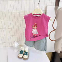 Girls' suit 2024 summer new style girls Korean style cartoon sleeveless vest washing nostalgic denim shorts set