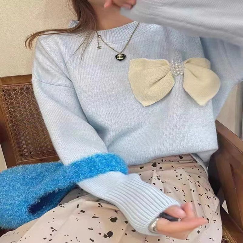 Bowknot de las mujeres con cuentas suéter de otoño e invierno nuevo estilo coreano suelta camisa de fondo de punto de moda estilo occidental prendas de vestir exteriores Top corto image 10