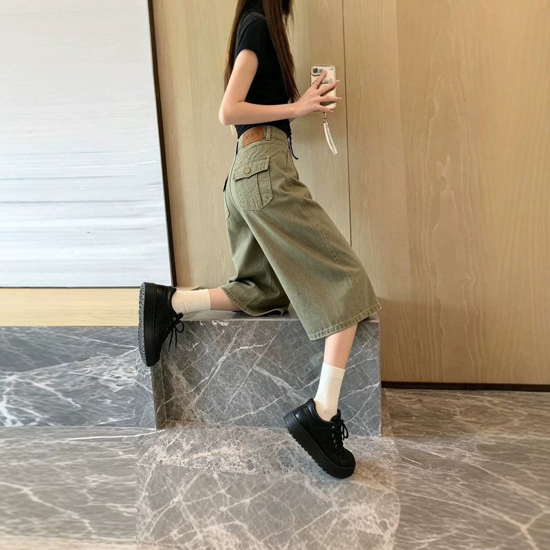 Army Green Cropped Denim Shorts for Women, Summer Thin Style, 2026 New Low-Waist Straight Wide-Leg Cropped Pants, Trendy
