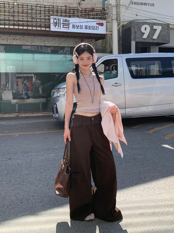 宋正恩咖色阔腿牛仔工装裤女2025秋季新款高腰直筒百搭拖地长裤子|undefined