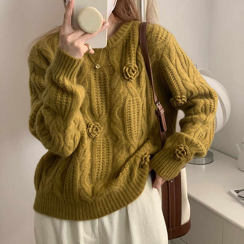 Autumn And Winter Style Knitted Sweaters For Women With Niche And Chic Three-dimensional Embroidery Rose Crochet Soft And Waxy Loose Sweaters For Women