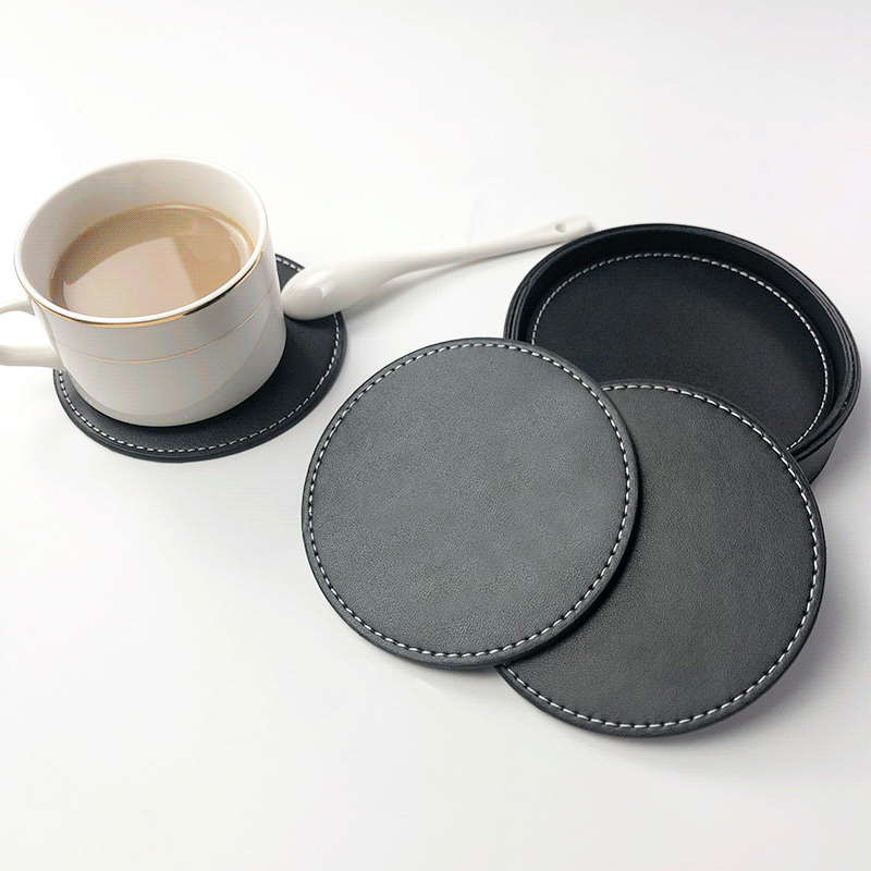 クリエイティブ家具ホテルのコースターの卸売セットは、10cmのラウンドPUのコーヒーマットのコースターの卸売を追加することができます。|undefined