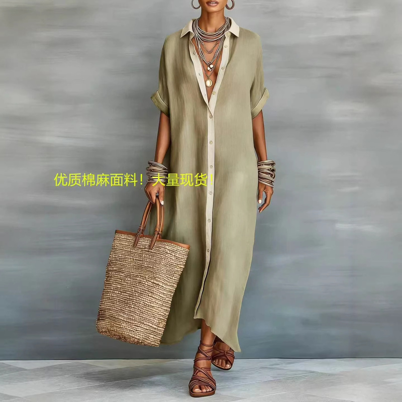 2026 New Amazon European and American Women's Clothing Color-Blocking Loose Cotton-Linen Long Shirt Dress Fashion Casual Dress for Women