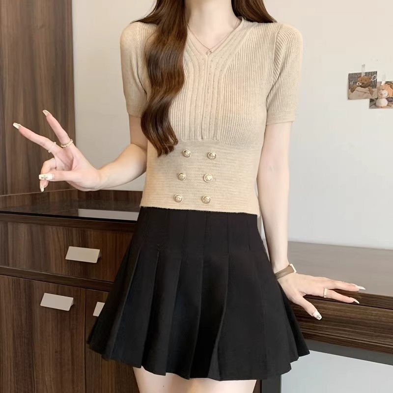 V-Ausschnitt, hohe Taille, kurzärmeliger Damen-Sommer, neuer französischer Stil, kleiner, duftender Wind, Eisseide, gestrickter Pullover_voghion.com