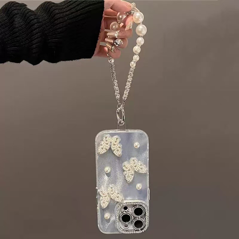 Ligero lujo ins tridimensional perla mariposa aplicable iphone15 funda para teléfono móvil 13/14 Apple 16ProMax pulsera mujer