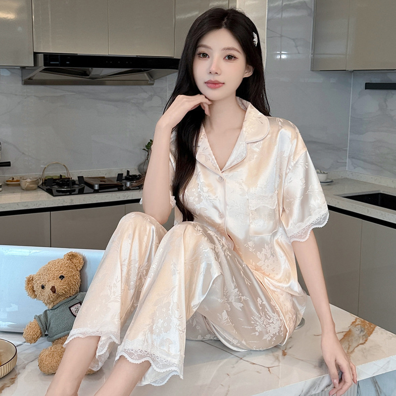 Ice Silk Women's Pajamas Summer New Retro Style Floral Lace Silk Short-Sleeved Home Clothes Two-Piece Set Wholesale Ice Silk Women's Pajamas Summer New Retro Style Floral Lace Silk Short-Sleeved Home Clothes Two-Piece Set Wholesale