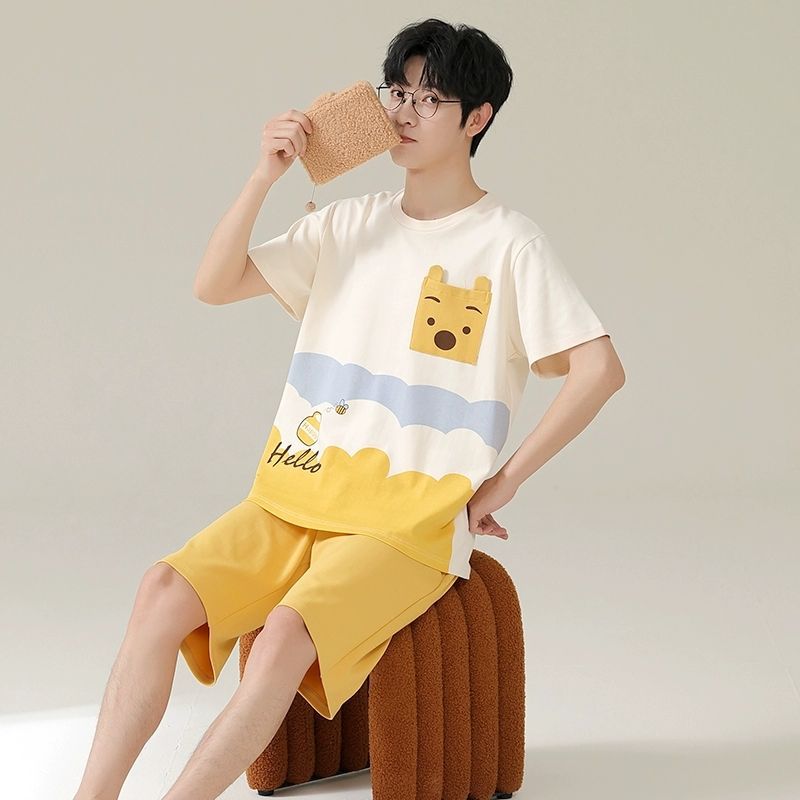 M - 4XL verano hombre pijama de manga corta pantalones cortos estudiantes dibujos animados sueltos grandes juveniles set de ropa de casa