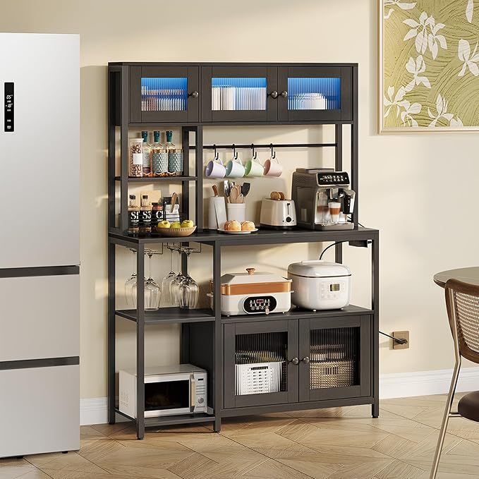 Led Light Microwave Oven Stand with Power Outlet, Cabinet Storage Rack, Bread Rack, Storage Cabinet, 5-Tier Coffee Bar