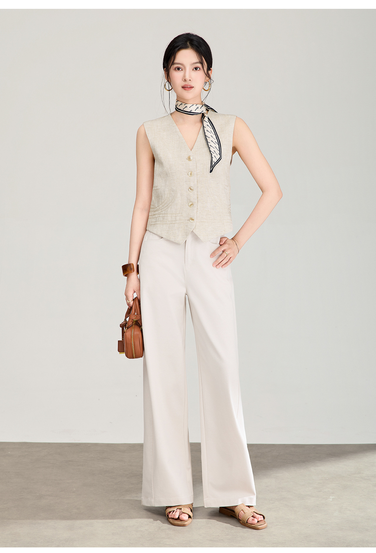 Áo khoác gile không tay cổ chữ V phối lớp phong cách cổ điển chất liệu vải lanh pha sợi Tencel — Màu cà phê chi tiết 17