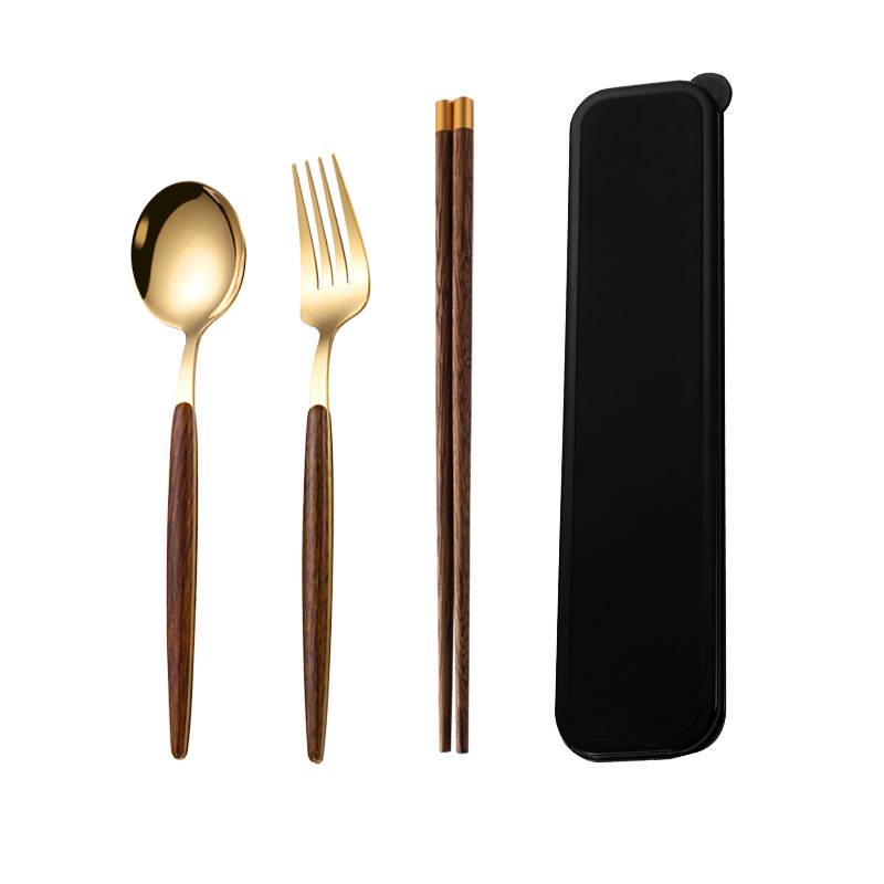 Estudiante de acero inoxidable vajilla portátil traje creativo grano de madera Portugués cuchara Tenedor ala de pollo palillos de madera conjunto de tres piezas image 7