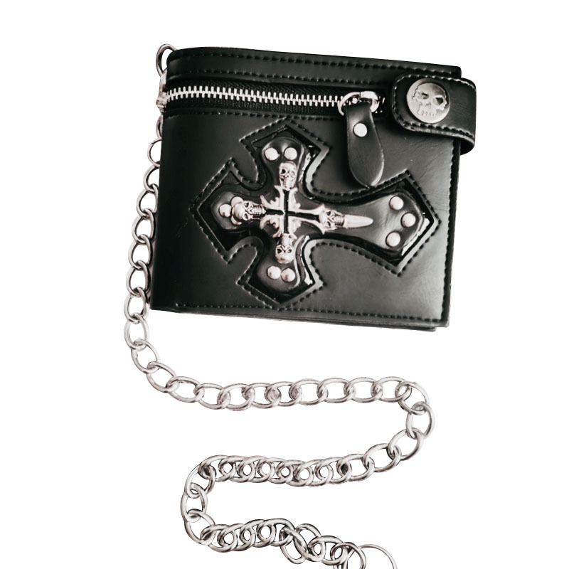 Popular Personalized Men's Wallet with Skull and Cross Design, Anti-Theft Chain, Biker Coin Purse, Studded Wallet