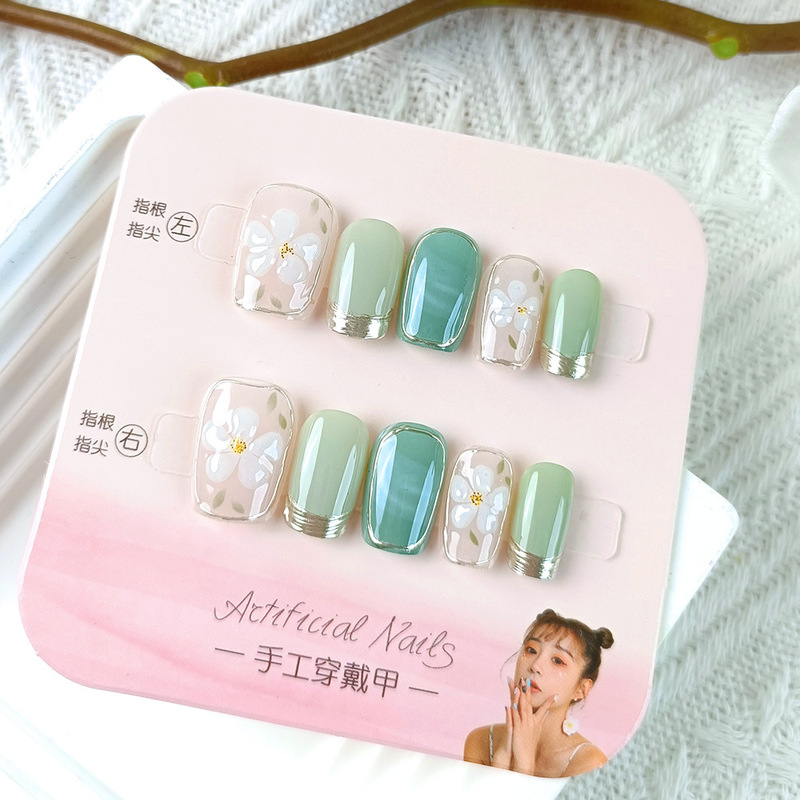 Artistic Style Fresh Wearable Nails Light Green Mint Glaze Flower Cluster Nail Art Trending Gentle Nail Stickers