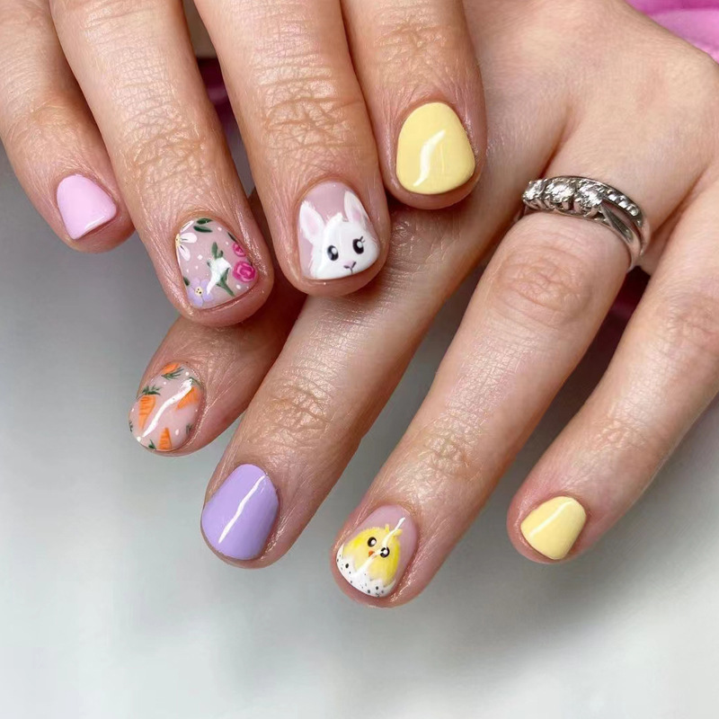 Cross-border Hot Selling European and American Easter Bright Noodles Flower Bunny Carrot Broken Shell Chick Short Square Nail Art Patch