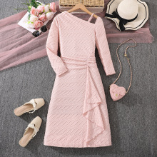 跨境大童女装2025秋冬新款欧美优雅长裙露肩长袖收腰花边连衣裙